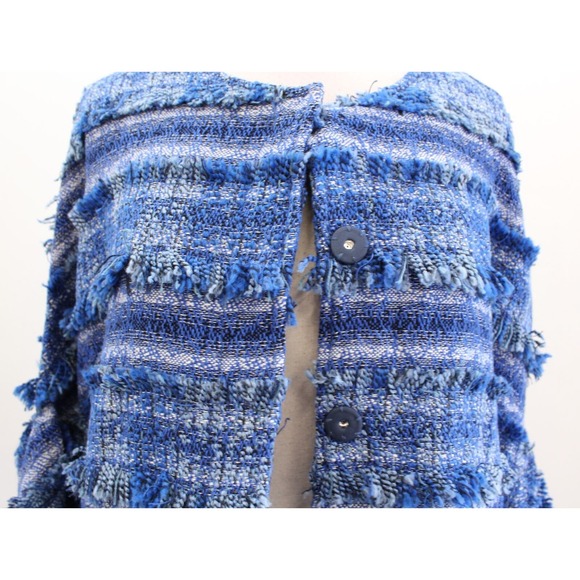 NWT J McLaughlin Linden Blue Striped Tweed Fringe Bell Sleeve Jacket Size L - Picture 5 of 10